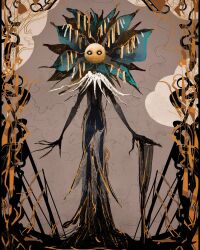 Rule 34 | 1other, ambiguous gender, black sclera, colored sclera, creature, flower hat, grey background, highres, horror (theme), looking at viewer, mask, oniku kui tai, original, solo, standing, white background, white eyes