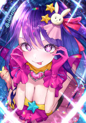 Rule 34 | 1girl, absurdres, adapted costume, blush, breasts, brooch, chee ke, chromatic aberration, cleavage, closed mouth, dress, frilled dress, frilled gloves, frills, from above, gloves, hair between eyes, hair ornament, hair ribbon, heart, heart brooch, highres, hoshino ai (oshi no ko), idol, idol clothes, jewelry, large breasts, lens flare, long hair, looking at viewer, one side up, oshi no ko, pink dress, pink gloves, pink ribbon, purple eyes, purple hair, rabbit hair ornament, ribbon, screentones, shadow, sidelocks, sleeveless, sleeveless dress, smile, solo, sparkle, star-shaped pupils, star (symbol), star hair ornament, symbol-shaped pupils, tongue, tongue out, twitter username
