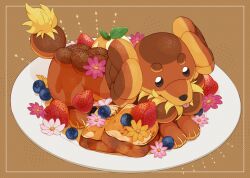 Rule 34 | blueberry, brown background, brown eyes, commentary request, creatures (company), dachsbun, flower, food, french toast, fruit, full body, game freak, highres, ice cream, kechon-san, leaf, looking at viewer, mint, nintendo, no humans, open mouth, pink flower, plate, pokemon, pokemon (creature), simple background, solo, strawberry, syrup, tongue, tongue out, yellow flower
