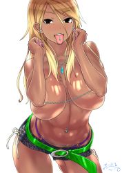 Rule 34 | 1girl, areola slip, bare shoulders, belt, blonde hair, blue shorts, blush, breasts, brown hair, chain, commentary request, dark-skinned female, dark skin, denim, denim shorts, earrings, ganguro, gradient hair, gyaru, hair between eyes, highres, idolmaster, idolmaster shiny colors, izumi mei, jewelry, large breasts, light areolae, long hair, looking at viewer, multicolored hair, navel, navel piercing, necklace, nipple piercing, open mouth, piercing, resolution mismatch, revision, shiny skin, short shorts, shorts, simple background, solo, source larger, standing, suna (sandworks), tan, tongue, tongue out, tongue piercing, topless, white background