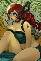 Rule 34 | 1girl, bare shoulders, blue eyes, breasts, choker, cleavage, elsevilla, freckles, highres, large breasts, long hair, midriff, mole, mole on breast, mole under mouth, original, parted lips, plump, red hair, sitting, smile, solo, stomach