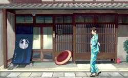 Rule 34 | 1girl, aqua kimono, architecture, bad id, bad twitter id, brown eyes, brown hair, bucket, closed mouth, commentary request, east asian architecture, floral print, from side, hair bun, highres, house, japanese clothes, kimono, long sleeves, munakata (hisahige), no socks, obi, oil-paper umbrella, plant, sandals, sash, single hair bun, smile, solo, standing, stone floor, umbrella, walking, wide sleeves