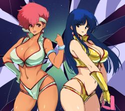 Rule 34 | 1980s (style), 2girls, bare arms, bare shoulders, blue hair, breasts, cleavage, cowboy shot, crop top, curvy, dirty pair, earrings, facing viewer, gloves, hand on own hip, jewelry, kei (dirty pair), large breasts, linea alba, long hair, looking at viewer, medium breasts, midriff, multiple girls, oldschool, pink hair, poin (hidsuki), red hair, retro artstyle, short hair, smile, standing, tagme, weapon, yuri (dirty pair)
