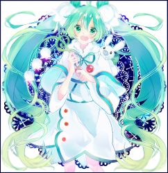 Rule 34 | 1girl, animal, animal on shoulder, bad id, bad pixiv id, flower, green eyes, green hair, hatsune miku, highres, lily of the valley, long hair, looking at viewer, matching hair/eyes, open mouth, rabbit, snowdrop (flower), solo, twintails, tyanotya, very long hair, vocaloid, yuki miku, yukine (vocaloid)
