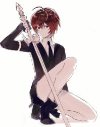 1boy ahoge black_necktie boots brown_hair colored_skin commentary_request elbow_gloves expressionless formal_clothes full_body gem_uniform_(houseki_no_kuni) gloves granblue_fantasy hair_between_eyes high_heel_boots high_heels houseki_no_kuni male_focus messy_hair necktie preline red_eyes sandalphon_(granblue_fantasy) short_hair short_sleeves sketch solo squatting suit sword weapon white_background white_skin