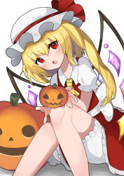 Rule 34 | 1girl, ascot, blonde hair, bloomers, flandre scarlet, halloween, hat, highres, jack-o&#039;-lantern, machimo, mob cap, open mouth, red eyes, simple background, sitting, solo, touhou, underwear, white background, yellow ascot