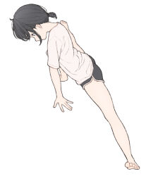Rule 34 | 1girl, 1ssakawaguchi, ahoge, barefoot, black shorts, expressionless, flexible, from side, full body, grey eyes, hands on ground, highres, ichika (1ssakawaguchi), looking down, nape, original, shirt, short ponytail, shorts, side split, simple background, spread legs, stretching, toes, white background, white shirt, wide spread legs