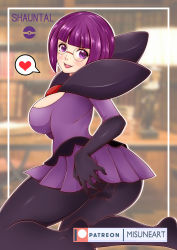 Rule 34 | 1girl, absurdres, ass, black gloves, black pantyhose, blunt bangs, bob cut, bow, bowtie, breasts, cleavage, cleavage cutout, clothing cutout, commentary, creatures (company), dress, elbow gloves, game freak, glasses, gloves, highres, large breasts, looking at viewer, looking back, misune art, nintendo, open mouth, pantyhose, pokemon, pokemon bw, purple dress, purple eyes, purple hair, purple skirt, round eyewear, shauntal (pokemon), short dress, skirt, smile, solo
