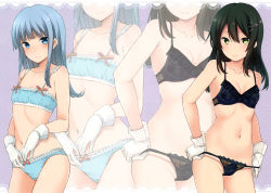 Rule 34 | 10s, 2girls, :|, absurdres, black bra, black hair, black panties, blue bra, blue eyes, blue hair, blue panties, blush, bow, bow bra, bow panties, bra, breasts, cleavage, closed mouth, collarbone, detexted, gloves, green eyes, hair ornament, hairclip, hatsukaze (kancolle), highres, hime cut, kantai collection, lace, lace-trimmed bra, lace-trimmed panties, lace trim, long hair, looking at viewer, multiple girls, nagami yuu, navel, oyashio (kancolle), panties, panty lift, panty pull, purple background, scan, small breasts, smile, third-party edit, underwear, underwear only, zoom layer