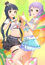 Rule 34 | 2girls, :d, absurdres, belt, black headwear, black skirt, blue hair, blue skirt, blunt bangs, blush, bow, breasts, brown eyes, cropped shirt, dot nose, hands up, hat, heart, heart necklace, highres, idolmaster, idolmaster million live!, idolmaster million live! theater days, index finger raised, index fingers together, inuyama nanami, jewelry, kitakami reika, long hair, looking at viewer, makabe mizuki, midriff, mini hat, miniskirt, multiple belts, multiple girls, navel, necklace, open mouth, pleated skirt, puffy short sleeves, puffy sleeves, purple hair, shirt, short hair, short sleeves, skirt, small breasts, smile, standing, striped legwear, thighhighs, tied shirt, white bow, white shirt, wristband, yellow eyes