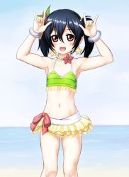 Rule 34 | 10s, 1girl, arms up, bikini, black hair, blush, bracelet, cowboy shot, double m/, earrings, finalcake, flat chest, frilled skirt, frills, green nails, highres, jewelry, long hair, love live!, love live! school idol project, m/, midriff, nail polish, natsuiro egao de 1 2 jump!, navel, necklace, nico nico nii, ocean, pearl necklace, red eyes, skirt, solo, star (symbol), star earrings, swimsuit, tankini, twintails, yazawa nico