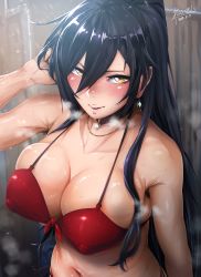 Rule 34 | 1girl, absurdres, arm at side, arm up, armpit hair, bad id, bad pixiv id, bare arms, bare shoulders, bikini, black hair, blush, bow, breasts, breath, brown collar, cleavage, collar, collarbone, commentary request, covered erect nipples, dated, earrings, from above, front-tie bikini top, front-tie top, gem, glint, hair between eyes, half-closed eyes, hand in own hair, hero neisan, highres, idolmaster, idolmaster shiny colors, jewelry, large breasts, long hair, looking at viewer, navel, necklace, nose blush, parted lips, ponytail, red bikini, red bow, shiny skin, shirase sakuya, side-tie bikini bottom, sidelocks, signature, smile, solo, standing, steam, stomach, sweat, swept bangs, swimsuit, upper body, yellow eyes