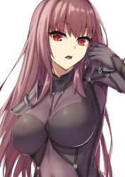 Rule 34 | 1girl, armor, bodysuit, breasts, elfenlied22, fate/grand order, fate (series), hair intakes, hand in own hair, large breasts, leotard, looking at viewer, open mouth, pauldrons, purple hair, purple leotard, red eyes, scathach (fate), scathach (fate), shoulder armor, solo