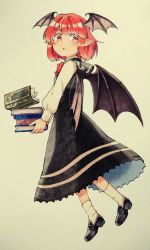 Rule 34 | 1girl, absurdres, black footwear, black skirt, book, book stack, bow, bowtie, breasts, commentary request, full body, head wings, highres, holding, holding book, koakuma, loafers, long skirt, long sleeves, partial commentary, pointy ears, red bow, red bowtie, red eyes, red hair, sasa kichi, shoes, simple background, skirt, small breasts, socks, solo, touhou, traditional media, vest, white socks, wings