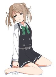 Rule 34 | 1girl, against wall, barefoot, belt, bow, bowtie, collared shirt, double bun, dress, full body, green bow, green bowtie, hair bun, kantai collection, light brown hair, michishio (kancolle), michishio kai ni (kancolle), moti coi, one-hour drawing challenge, pinafore dress, shirt, short twintails, simple background, sitting, sleeveless, sleeveless dress, solo, twintails, wariza, white background, white shirt