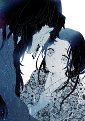 Rule 34 | 1boy, 1girl, aged down, blue theme, blurry, closed mouth, crying, depth of field, earrings, facing away, floral print, glint, hands up, highres, japanese clothes, jewelry, kimetsu no yaiba, kimono, long hair, looking at another, low ponytail, mintiaorion, monochrome, ponytail, simple background, slit pupils, sweat, tamayo (kimetsu no yaiba), tears, tears from one eye, tsugikuni yoriichi, unmoving pattern, upper body