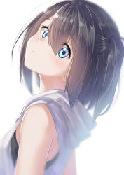 Rule 34 | 1girl, bare shoulders, black hair, blue eyes, blurry, blurry foreground, blush, breasts, closed mouth, commentary request, depth of field, hair between eyes, head tilt, highres, hood, hood down, hoodie, long hair, looking at viewer, looking back, one side up, original, simple background, sleeveless, sleeveless hoodie, small breasts, solo, suzunari shizuku, white background, white hoodie, yuki arare