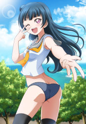 Rule 34 | 10s, 1girl, ;d, ass, black thighhighs, blue hair, blue sky, blush, butt crack, cloud, collarbone, collared shirt, cowboy shot, day, floating hair, grey panties, grey sailor collar, hanzou, highres, lens flare, long hair, looking at viewer, love live!, love live! sunshine!!, neckerchief, no pants, one eye closed, open mouth, outdoors, outstretched arms, panties, pink eyes, sailor collar, sailor shirt, school uniform, shirt, sky, sleeveless, sleeveless shirt, smile, solo, standing, thighhighs, tsushima yoshiko, underwear, uranohoshi school uniform, very long hair, w, white shirt, yellow neckerchief