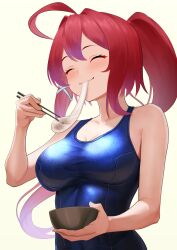 Rule 34 | 1girl, bowl, breasts, chopsticks, closed eyes, collarbone, dorachan r, eating, highres, i-168 (kancolle), kagami biraki, kantai collection, long hair, medium breasts, photoshop (medium), ponytail, red hair, ribbon, school swimsuit, simple background, solo, swimsuit, upper body, white background