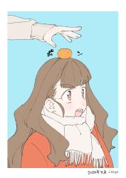 Rule 34 | 1girl, 1other, 2024, blush, brown hair, coat, commentary request, feet out of frame, food, food on head, fruit, fruit on head, highres, idolmaster, idolmaster cinderella girls, kamiya nao, long hair, mandarin orange, object on head, open mouth, pink eyes, scarf, shikariyo, sketch, solo focus