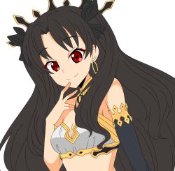 Rule 34 | 1girl, bad id, bad pixiv id, bikini, black gloves, black hair, black headwear, black ribbon, breasts, cleavage, closed mouth, commentary request, earrings, elbow gloves, fate/grand order, fate (series), gloves, hair ribbon, hand to own mouth, hoop earrings, ishtar (fate), jewelry, long hair, looking at viewer, medium breasts, red eyes, ribbon, simple background, single glove, smile, solo, swimsuit, tanutika, tiara, two side up, white background, white bikini