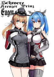 Rule 34 | 10s, 2girls, absurdres, anchor hair ornament, bare shoulders, blonde hair, blue eyes, blue hair, breasts, cross, crossover, detached sleeves, fingerless gloves, gloves, hair ornament, hand on another&#039;s hip, hat, highres, historical name connection, iron cross, kantai collection, kriegsmarine, long hair, looking at viewer, microskirt, military, military uniform, multiple girls, name connection, peaked cap, prinz eugen (kancolle), prinz eugen (warship girls r), red eyes, remodel (warship girls r), skirt, smile, thighhighs, tuziki sang, twintails, uniform, warship girls r, white gloves