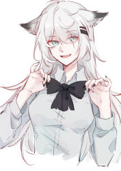 Rule 34 | 1girl, absurdres, alternate costume, animal ears, arknights, artist name, black bow, black bowtie, black nails, bow, bowtie, breasts, chinese commentary, collared shirt, cropped torso, dress shirt, gemi 25, grey eyes, hair between eyes, hair ornament, hairclip, highres, lappland (arknights), long hair, long sleeves, looking at viewer, medium breasts, nail polish, open mouth, sample watermark, scar, scar across eye, scar on face, sharp teeth, shirt, silver hair, simple background, smile, solo, teeth, torn bowtie, upper body, upper teeth only, watermark, white background, white shirt, wing collar, wolf ears