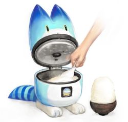 Rule 34 | 10s, bowl, ka92, kemono friends, lucky beast (kemono friends), rice, rice bowl, rice cooker, shamoji, simple background, spoon, striped tail, tail, white background