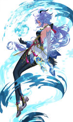 Rule 34 | 1girl, absurdres, ahoge, bare shoulders, bell, black gloves, black legwear, blue hair, bow, breasts, chinese knot, detached sleeves, flower knot, full body, ganyu (genshin impact), genshin impact, gloves, gold trim, highres, horns, long hair, low ponytail, magic, medium breasts, neck bell, orb, red rope, rope, snowflakes, solo, tassel, thighlet, vision (genshin impact), waist cape, white background, white sleeves, wind, zena09