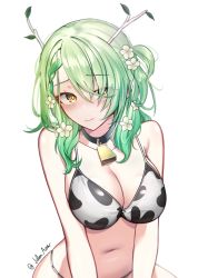 Rule 34 | 1girl, absurdres, animal print, antlers, bare shoulders, bell, bikini, blush, braid, breasts, ceres fauna, cleavage, cow print, cow print bikini, eyes visible through hair, flower, french braid, green hair, hair flower, hair ornament, hair over one eye, highres, hololive, hololive english, horns, jellen aura, large breasts, leaf, long hair, midriff, mole, mole under eye, navel, neck bell, print bikini, simple background, solo, swimsuit, twitter username, virtual youtuber, white background, yellow eyes