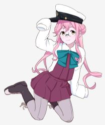 Rule 34 | 10s, 1girl, ahoge, full body, glasses, hat, kantai collection, long hair, long sleeves, makigumo (kancolle), ojipon, pantyhose, peaked cap, pink hair, school uniform, skirt, smile, solo, twintails, yellow eyes