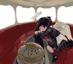 Rule 34 | 1girl, black eyes, black footwear, black hair, black jacket, black skirt, black socks, closed mouth, compass, couch, crystal, day, fantasy, gem, hair ornament, halo, indoors, jacket, juliet sleeves, long hair, long sleeves, looking at viewer, looking to the side, lying, mary janes, on side, original, puffy sleeves, red gemstone, reflection, shoes, skirt, skirt set, smile, socks, solo, sunlight, table, tetsu (gantetsu), transparent, twintails, white wings, window, wings