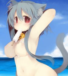 Rule 34 | 1girl, ahoge, animal ears, armpits, arms up, bad id, bad pixiv id, bell, blue hair, blush, breasts, cat ears, cat tail, food, jingle bell, large breasts, long hair, looking at viewer, mouth hold, necco (tefun), nipples, nude, ocean, original, popsicle, red eyes, resized, solo, tail, tefun, tefun (tehun)