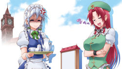 Rule 34 | 2girls, anger vein, apron, bracelet, braid, breasts, clock, clock tower, crossed arms, cup, drooling, closed eyes, false smile, hat, henshako, hong meiling, izayoi sakuya, jewelry, large breasts, long hair, maid, maid apron, maid headdress, medium breasts, multiple girls, open mouth, red hair, shaded face, short hair, silver hair, sleeping, smile, star (symbol), teacup, teapot, touhou, tower, tray, twin braids, wrist cuffs, zzz
