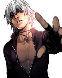 Rule 34 | 1boy, bad id, bad pixiv id, cross, fingerless gloves, gloves, jewelry, k&#039; (kof), makuro, male focus, necklace, pectorals, perspective, portrait, snk, solo, the king of fighters, unzipped