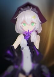 Rule 34 | 1girl, ahoge, alternate eye color, armored leotard, bare shoulders, black gloves, blurry, blurry foreground, closed mouth, error1980, finger to mouth, gloves, green eyes, hair ornament, hand on own hip, highres, honkai (series), honkai impact 3rd, long hair, looking at viewer, shushing, side ponytail, smile, solo, theresa apocalypse, theresa apocalypse (violet executer), upper body, white hair