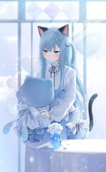 Rule 34 | 1girl, amashiro natsuki, animal ears, blue dress, blue eyes, blue hair, bow, cat ears, cat girl, cat tail, closed mouth, commentary, dress, eyebrows hidden by hair, flower, heart, highres, holding, holding stuffed toy, long hair, long sleeves, looking away, nekoha shizuku, one side up, original, puffy long sleeves, puffy sleeves, shirt, sleeves past wrists, smile, solo, stuffed animal, stuffed cat, stuffed toy, tail, vase, very long hair, white bow, white flower, white shirt