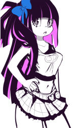 Rule 34 | 10s, 1girl, alternate hairstyle, bow, breasts, colored inner hair, crop top, female focus, hair bow, hand on own hip, long hair, midriff, multicolored hair, navel, one side up, panty &amp; stocking with garterbelt, pink hair, pleated skirt, ponytail, purple hair, ribbon, sho-n-d, skirt, solo, stocking (psg), two-tone hair