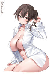 Rule 34 | 1girl, areola slip, blush, breasts, brown eyes, brown hair, collared shirt, commentary, cowboy shot, dress shirt, ebifurya, highres, kaga (kancolle), kantai collection, large breasts, long hair, long sleeves, looking at viewer, naked shirt, navel, one-hour drawing challenge, open clothes, open mouth, open shirt, shirt, side ponytail, solo, stomach, twitter username, white background, white shirt
