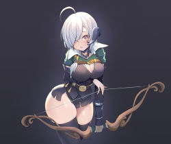Rule 34 | 1girl, ahoge, au ra, warrior of light (ff14), black horns, bow, breasts, cleavage, dragon girl, dragon horns, final fantasy, final fantasy xiv, horns, large breasts, one eye covered, short hair, solo, square enix, thighhighs, thighs, z.o.b