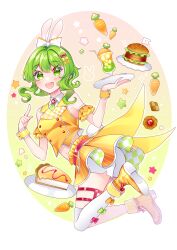 Rule 34 | 1girl, absurdres, animal ears, blush, boots, bow, brooch, burger, buttons, carrot, checkerboard cookie, collared shirt, cookie, crop top, cup, detached sleeves, double-breasted, drink, drinking straw, food, full body, green eyes, green hair, gumi, hair bow, highres, holding, holding tray, index finger raised, jewelry, looking back, masumofu, navel, open mouth, pie, pie slice, plate, rabbit ears, rabbit tail, shirt, short hair with long locks, shorts, shorts under skirt, single thighhigh, skirt, sleeveless, sleeveless shirt, smile, solo, star (symbol), tail, thigh strap, thighhighs, thumbprint cookie, tray, vocaloid, wrist cuffs