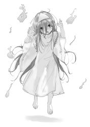 Rule 34 | 1girl, absurdres, backpack, bag, bare shoulders, dorontabi, dress, flat chest, floating, full body, ghost, greyscale, hair between eyes, highres, hitodama, long hair, looking at viewer, monochrome, open mouth, original, randoseru, see-through, see-through dress, see-through silhouette, simple background, sketch, solo, triangular headpiece, very long hair, white background, wide collar, wide sleeves