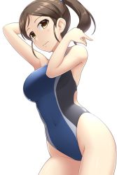 Rule 34 | 1girl, ayase honoka, blue one-piece swimsuit, brown eyes, brown hair, competition swimsuit, cowboy shot, embarrassed, highleg, highleg swimsuit, idolmaster, idolmaster cinderella girls, long hair, looking at viewer, one-piece swimsuit, pataneet, ponytail, simple background, solo, standing, swimsuit, white background