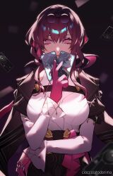 1girl black_jacket caelus_(honkai:_star_rail) cioccolatodorima closed_mouth eyewear_on_head gloves honkai:_star_rail honkai_(series) jacket kafka_(honkai:_star_rail) long_sleeves multicolored_eyes multicolored_hair pink_eyes pink_gloves pink_hair purple_eyes red_hair shirt smile solo stelle_(honkai:_star_rail) sunglasses trailblazer_(honkai:_star_rail) white_shirt