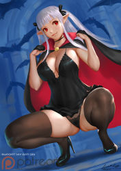 Rule 34 | 1girl, ariverkao, bat (animal), black camisole, black panties, black thighhighs, blunt bangs, breasts, camisole, cleavage, cloak, dated, dutch angle, facing viewer, fang, high heels, large breasts, long hair, looking to the side, no bra, original, panties, patreon logo, pointy ears, red eyes, signature, silver hair, smile, solo, squatting, thighhighs, two side up, underwear, vampire