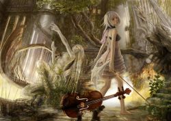 Rule 34 | 1boy, 2girls, barefoot, black hat, bow (music), facial hair, hat, instrument, leaning back, long hair, monocle, multiple girls, mustache, original, outstretched arms, plant, rainpx, realistic, see-through, stairs, tree, vines, violin, white hair