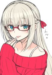 Rule 34 | 1girl, :p, blonde hair, blue eyes, blush, bra, bra strap, commentary request, hair ribbon, hand up, long hair, long sleeves, looking at viewer, nekoume, original, red-framed eyewear, red ribbon, red sweater, ribbon, semi-rimless eyewear, simple background, sleeves past wrists, smile, solo, sweater, tongue, tongue out, under-rim eyewear, underwear, white background, white bra
