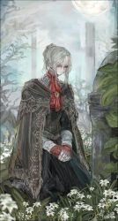 Rule 34 | 1girl, absurdres, bloodborne, brooch, cloak, closed mouth, doll joints, flower, grey eyes, highres, jewelry, joints, kneeling, long hair, moon, night, nslacka, outdoors, own hands together, plain doll, solo, tombstone, tree, white flower, white hair