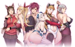 Rule 34 | 10s, 6+girls, ami maizar, animal ears, ass, back, bare shoulders, black legwear, blonde hair, blue eyes, bodysuit, breasts, breasts apart, cable, cat ears, cleavage, cowboy shot, crossover, dominance, earrings, facial tattoo, fake animal ears, finger on trigger, from side, green eyes, halterneck, hand on own hip, hand on own thigh, head tilt, holding, holding weapon, iriza (dominance), jewelry, large breasts, legs apart, legs together, leotard, looking at viewer, mamiya marie, mature female, messy hair, microskirt, miniskirt, mole, mole under eye, multiple girls, nail polish, outline, panties, pantyhose, pantyshot, pencil skirt, pleated skirt, pointy ears, red hair, sei shoujo, simple background, skin tight, skirt, smile, standing, starless, stud earrings, swept bangs, tail, tattoo, thighhighs, thighs, underwear, weapon, white background, white hair, white legwear