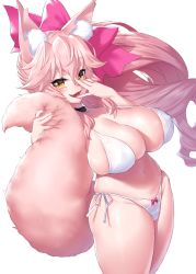 Rule 34 | 1girl, animal ear fluff, animal ears, bare shoulders, bikini, blush, bow, breasts, choker, cleavage, collarbone, fangs, fate/grand order, fate (series), fox ears, fox girl, fox tail, grabbing own tail, hair between eyes, hair bow, highleg, highleg bikini, highres, koyanskaya (fate), large breasts, long hair, looking at viewer, navel, onsoku inu, open mouth, pink bow, pink hair, ponytail, sidelocks, skindentation, smile, solo, swimsuit, tail, tamamo (fate), thighs, white bikini, yellow eyes